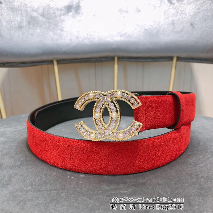 CHANEL香奈兒 19早春新款 明星劉雯同款 水鑽珍珠logo扣 絨面面料 女款皮帶  xfp1342